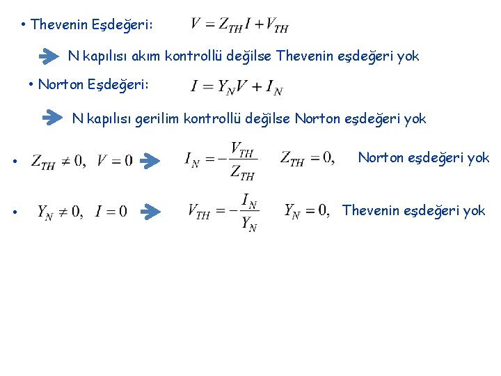 • Thevenin Eşdeğeri: N kapılısı akım kontrollü değilse Thevenin eşdeğeri yok • Norton