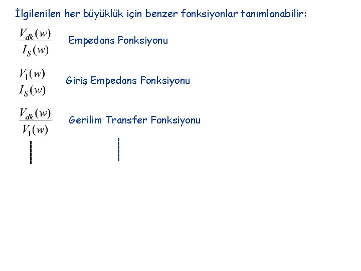 İlgilen her büyüklük için benzer fonksiyonlar tanımlanabilir: Empedans Fonksiyonu Giriş Empedans Fonksiyonu Gerilim Transfer
