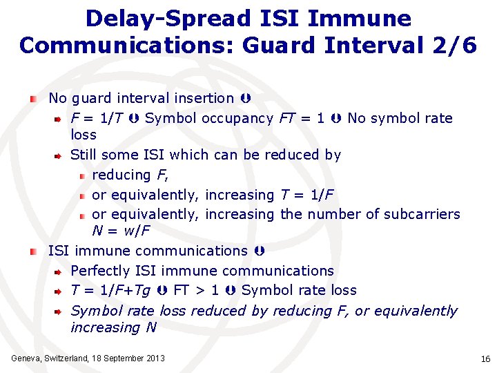 Delay-Spread ISI Immune Communications: Guard Interval 2/6 No guard interval insertion F = 1/T
