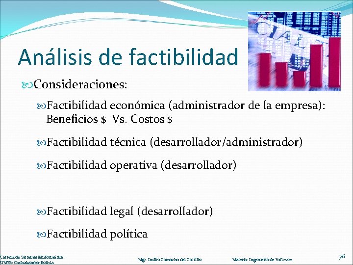 Análisis de factibilidad Consideraciones: Factibilidad económica (administrador de la empresa): Beneficios $ Vs. Costos