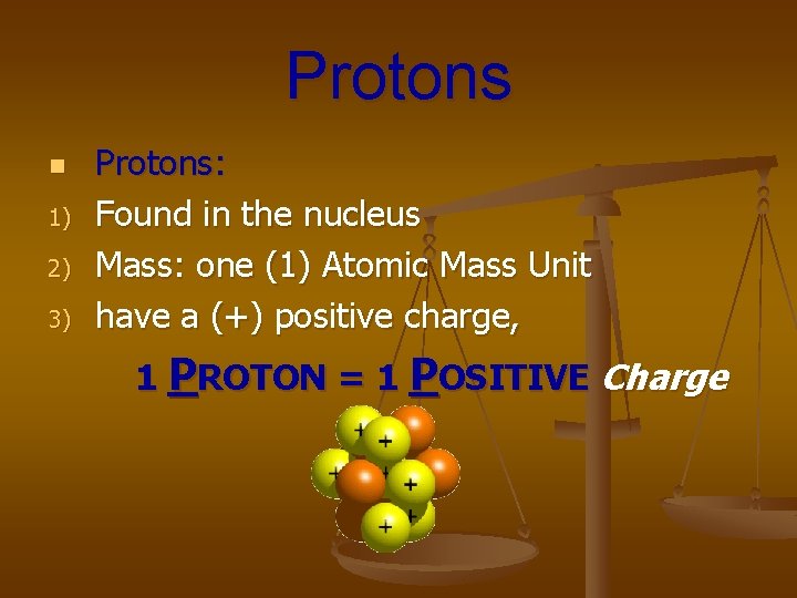 Protons n 1) 2) 3) Protons: Found in the nucleus Mass: one (1) Atomic