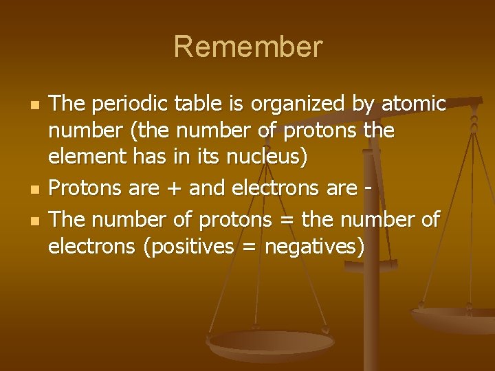 Remember n n n The periodic table is organized by atomic number (the number