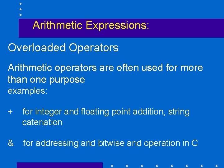 Arithmetic Expressions: Overloaded Operators Arithmetic operators are often used for more than one purpose