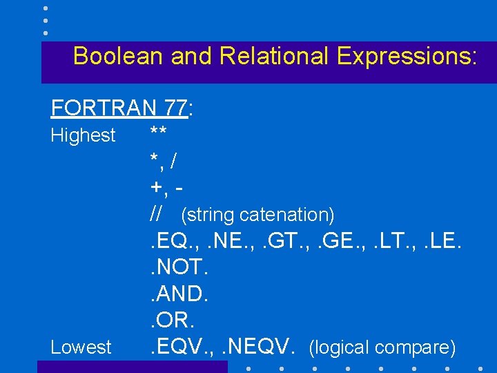 Boolean and Relational Expressions: FORTRAN 77: Highest ** *, / +, // (string catenation).