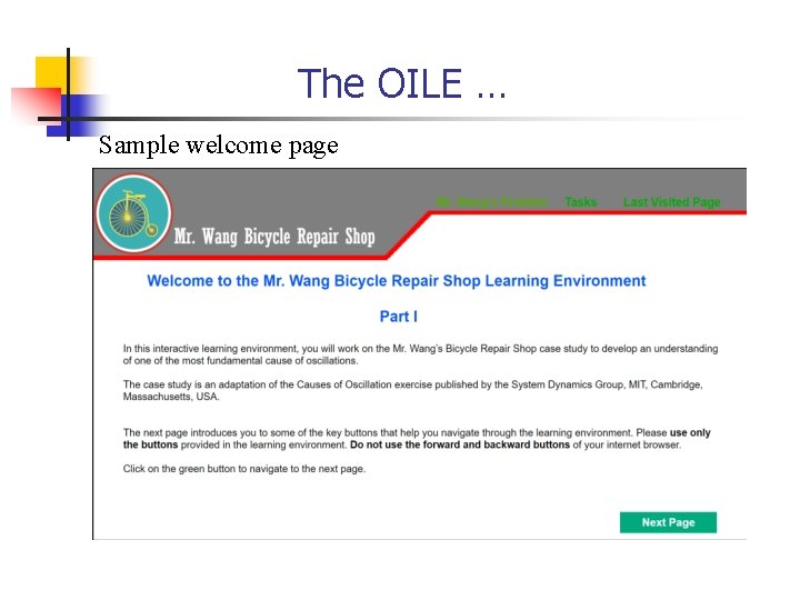 The OILE … Sample welcome page  The OILE … Sample welcome page