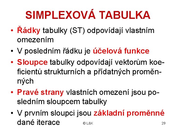 SIMPLEXOVÁ TABULKA • Řádky tabulky (ST) odpovídají vlastním omezením • V posledním řádku je