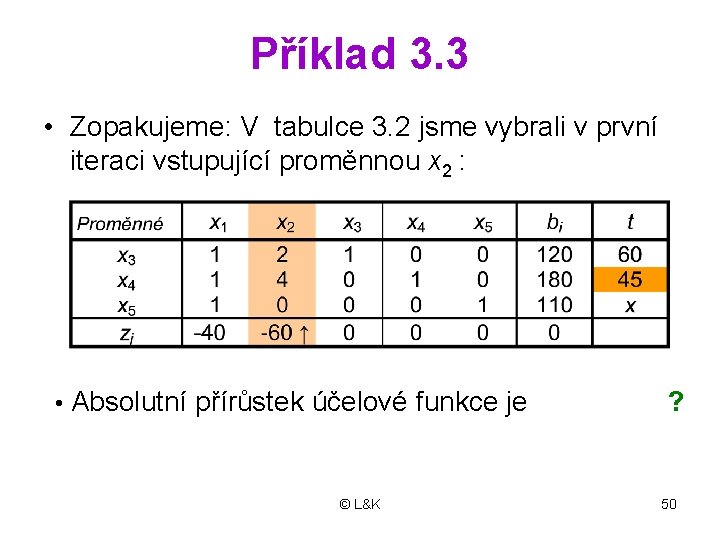 Příklad 3. 3 • Zopakujeme: V tabulce 3. 2 jsme vybrali v první iteraci