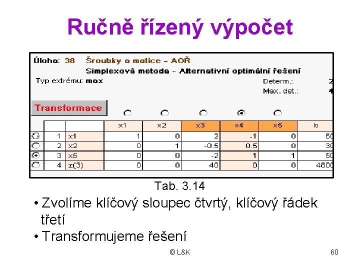 Ručně řízený výpočet Tab. 3. 14 • Zvolíme klíčový sloupec čtvrtý, klíčový řádek třetí