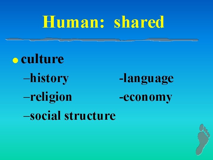 Human: shared l culture –history -language –religion -economy –social structure 