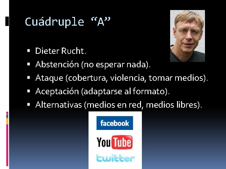 Cuádruple “A” Dieter Rucht. Abstención (no esperar nada). Ataque (cobertura, violencia, tomar medios). Aceptación