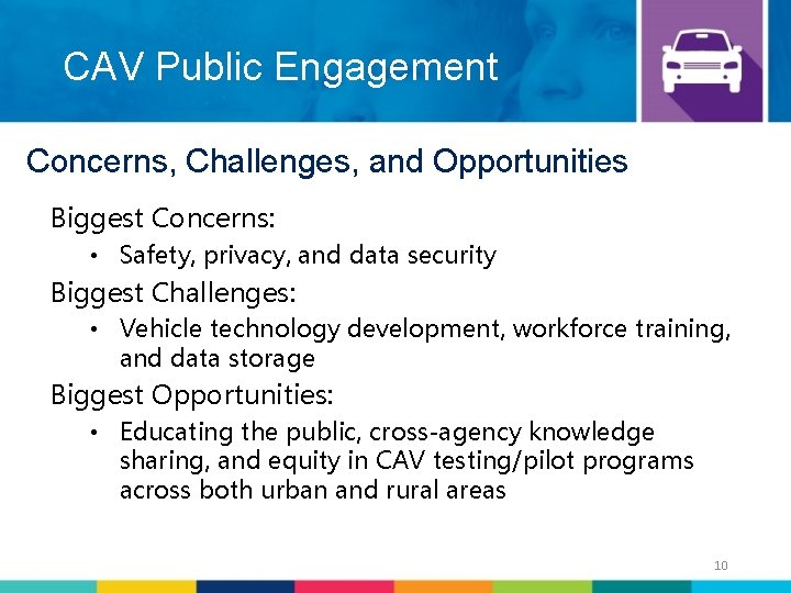 CAV Public Engagement Concerns, Challenges, and Opportunities Biggest Concerns: • Safety, privacy, and data