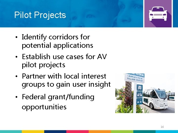 Pilot Projects • Identify corridors for potential applications • Establish use cases for AV