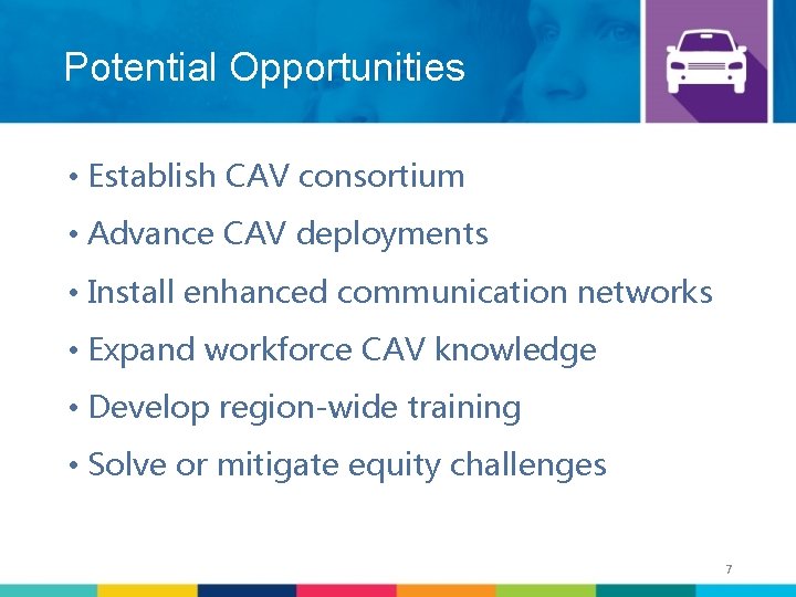 Potential Opportunities • Establish CAV consortium • Advance CAV deployments • Install enhanced communication