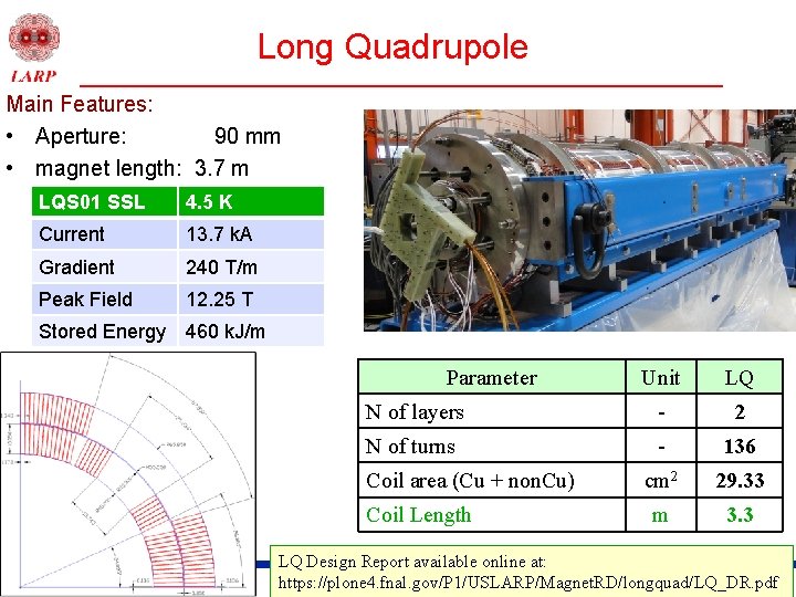 Long Quadrupole Main Features: • Aperture: 90 mm • magnet length: 3. 7 m