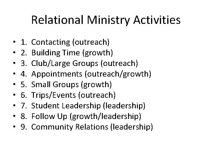 Relational Ministry Activities • • • 1. 2. 3. 4. 5. 6. 7. 8.