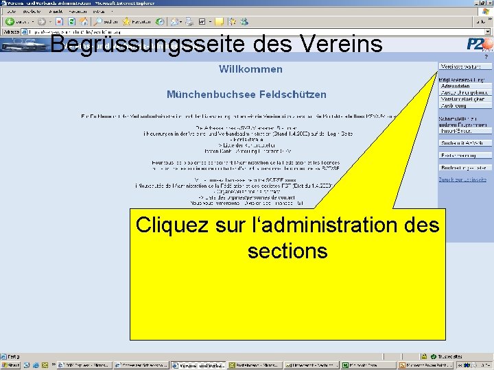 Begrüssungsseite des Vereins Cliquez sur l‘administration des sections 