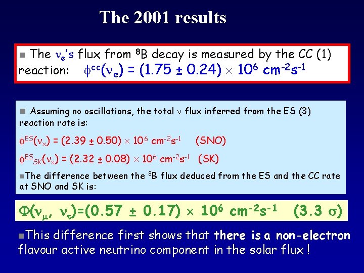 The 2001 results The e’s flux from 8 B decay is measured by the