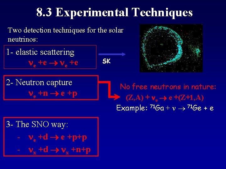 8. 3 Experimental Techniques Two detection techniques for the solar neutrinos: 1 - elastic