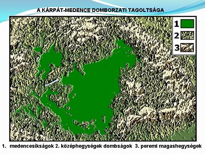 A KÁRPÁT-MEDENCE DOMBORZATI TAGOLTSÁGA 1. medencesíkságok 2. középhegységek dombságok 3. peremi magashegységek 