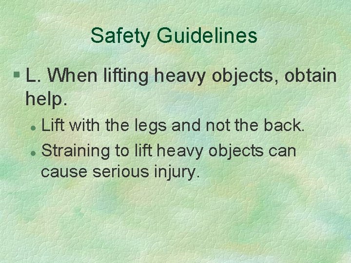 Safety Guidelines § L. When lifting heavy objects, obtain help. Lift with the legs