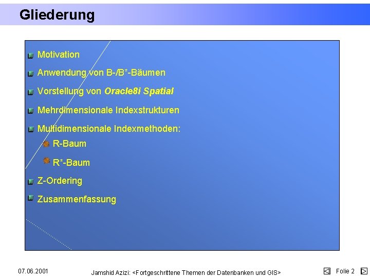 Gliederung Motivation Anwendung von B-/B*-Bäumen Vorstellung von Oracle 8 i Spatial Mehrdimensionale Indexstrukturen Multidimensionale