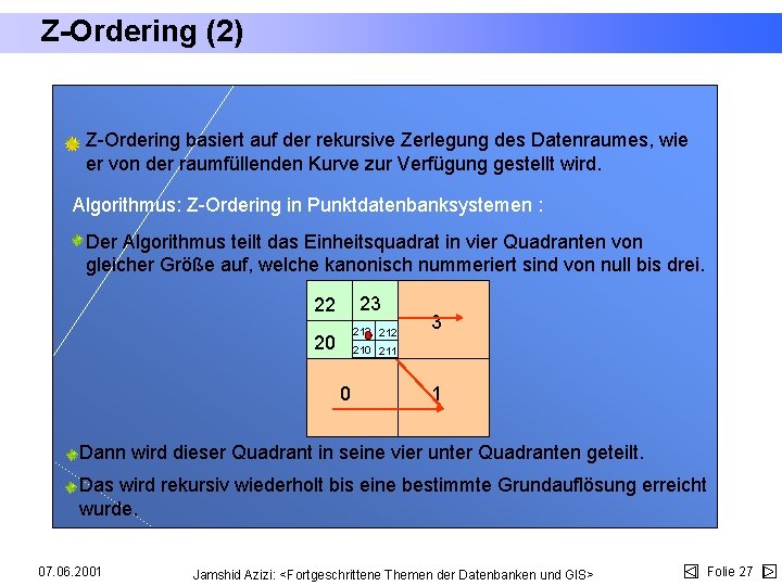 Z-Ordering (2) Z-Ordering basiert auf der rekursive Zerlegung des Datenraumes, wie er von der