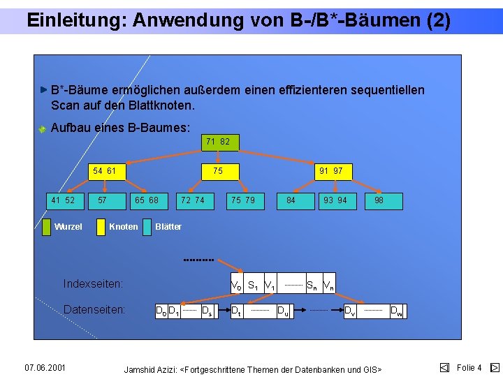 Einleitung: Anwendung von B-/B*-Bäumen (2) B*-Bäume ermöglichen außerdem einen effizienteren sequentiellen Scan auf den