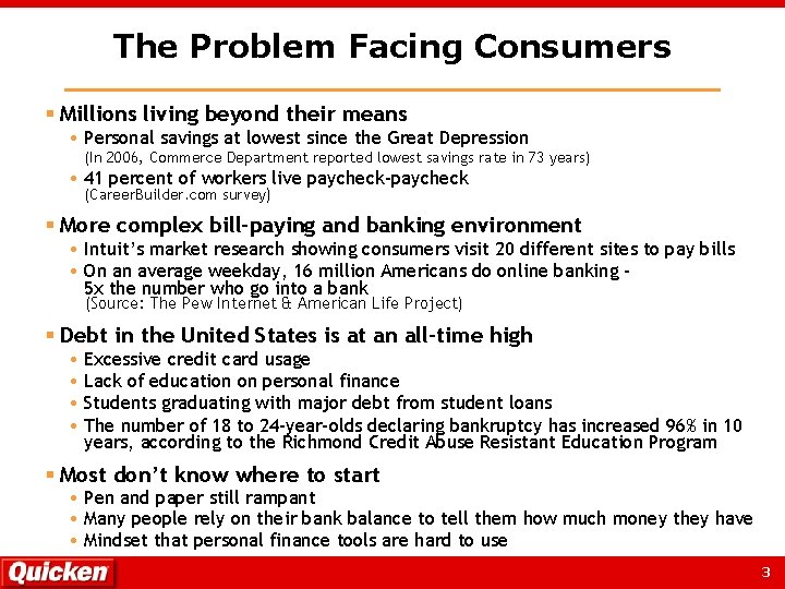 The Problem Facing Consumers § Millions living beyond their means Personal savings at lowest