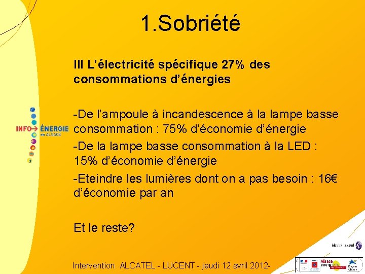 1. Sobriété III L’électricité spécifique 27% des consommations d’énergies -De l’ampoule à incandescence à