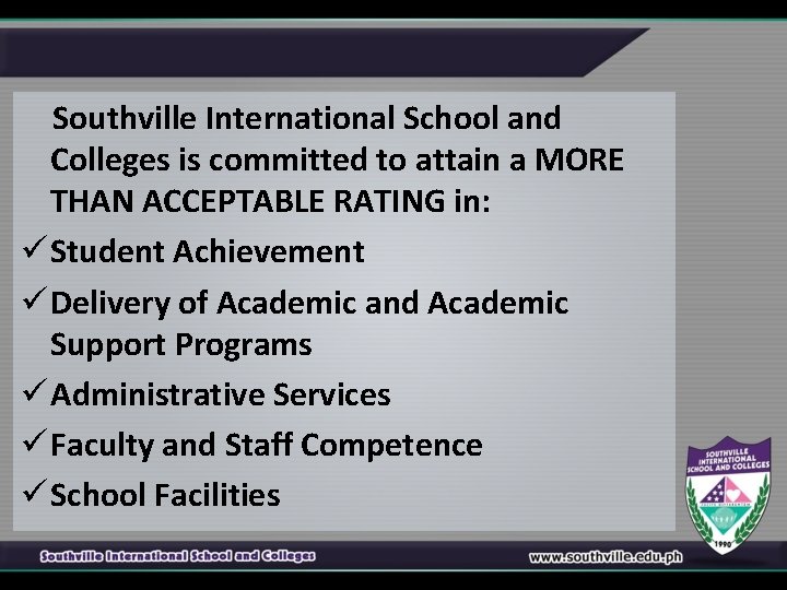 Southville International School and Colleges is committed to attain a MORE THAN ACCEPTABLE RATING