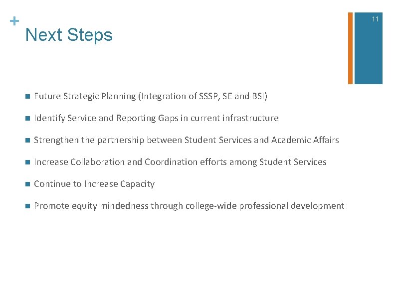 + 11 Next Steps n Future Strategic Planning (Integration of SSSP, SE and BSI)