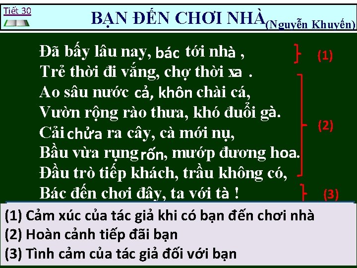 Tiết 30 BẠN ĐẾN CHƠI NHÀ(Nguyễn Khuyến) Đã bấy lâu nay, bác tới nhà