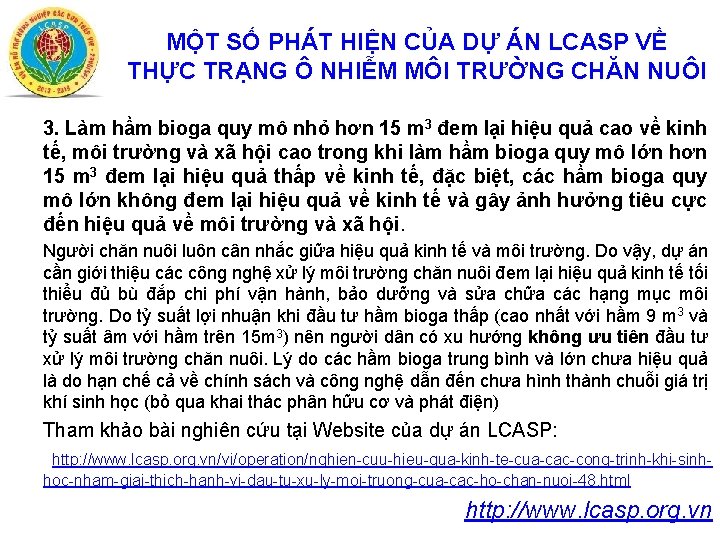 MỘT SỐ PHÁT HIỆN CỦA DỰ ÁN LCASP VỀ THỰC TRẠNG Ô NHIỄM MÔI