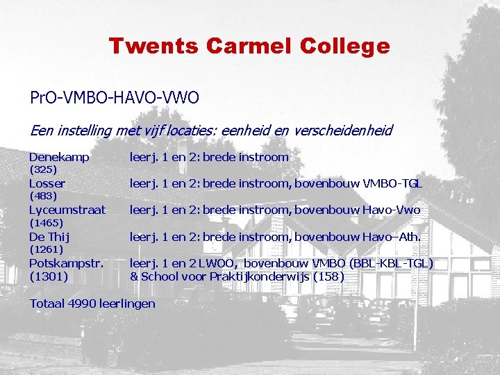 Twents Carmel College Pr. O-VMBO-HAVO-VWO Een instelling met vijf locaties: eenheid en verscheidenheid Denekamp
