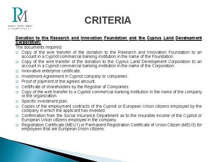 CRITERIA Donation to the Research and Innovation Foundation and the Cyprus Land Development Corporation: