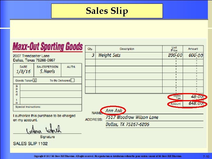 Sales Slip Copyright © 2015 Mc. Graw-Hill Education. All rights reserved. No reproduction or