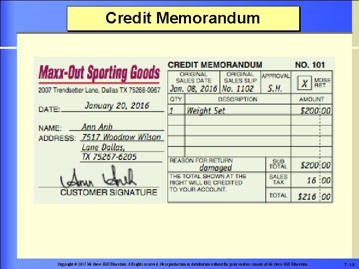 Credit Memorandum Copyright © 2015 Mc. Graw-Hill Education. All rights reserved. No reproduction or