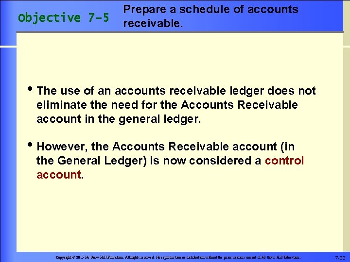 Objective 7 -5 Prepare a schedule of accounts receivable. • The use of an