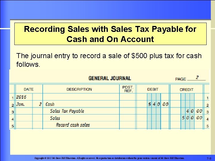 Recording Sales with Sales Tax Payable for Cash and On Account The journal entry