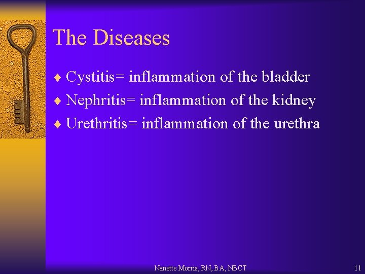 The Diseases ¨ Cystitis= inflammation of the bladder ¨ Nephritis= inflammation of the kidney