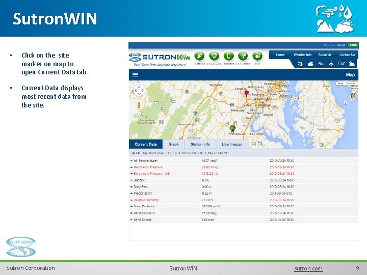 Sutron. WIN • Click on the site marker on map to open Current Data