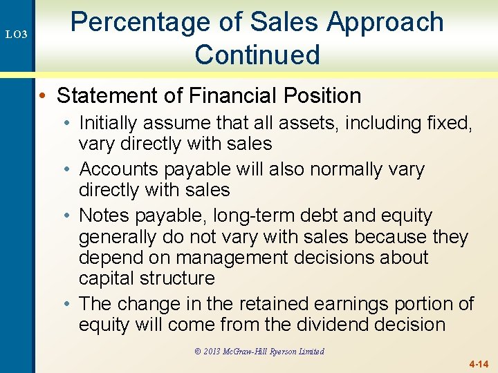 LO 3 Percentage of Sales Approach Continued • Statement of Financial Position • Initially
