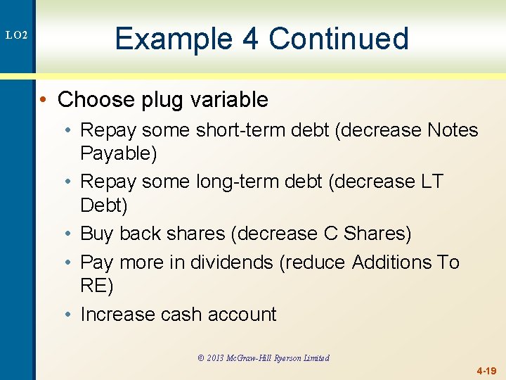 LO 2 Example 4 Continued • Choose plug variable • Repay some short-term debt