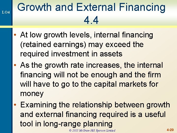 LO 4 Growth and External Financing 4. 4 • At low growth levels, internal