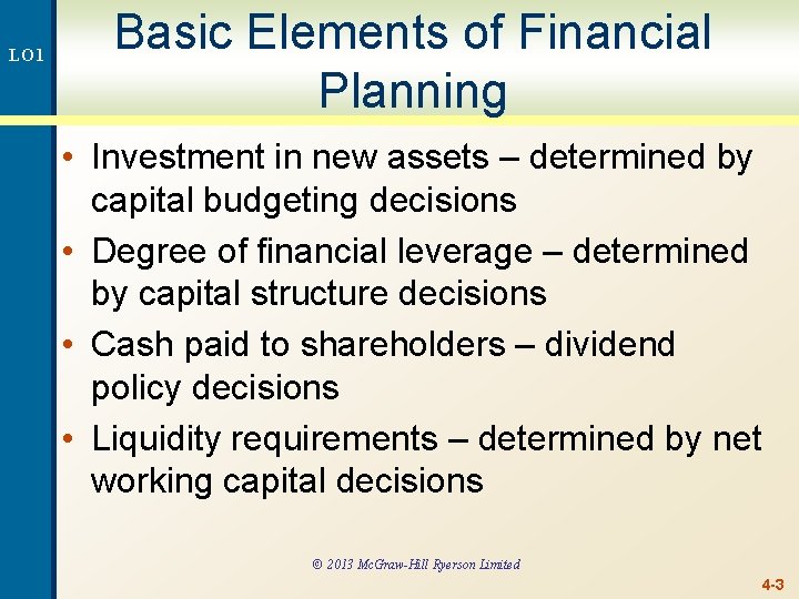 LO 1 Basic Elements of Financial Planning • Investment in new assets – determined