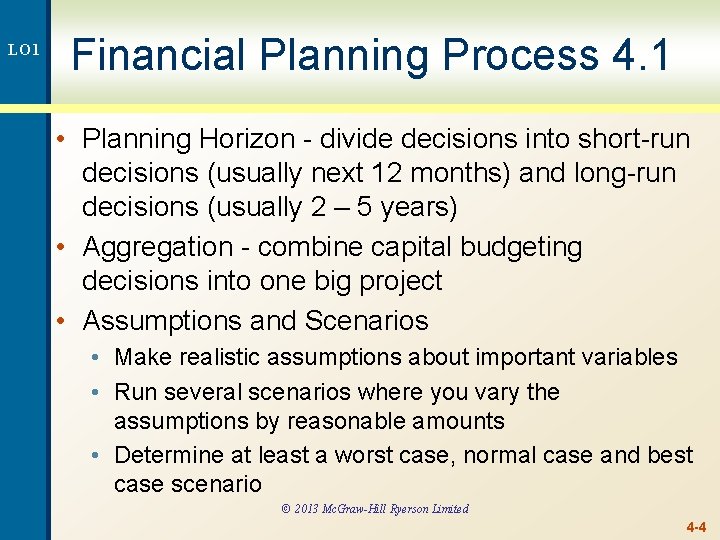 LO 1 Financial Planning Process 4. 1 • Planning Horizon - divide decisions into