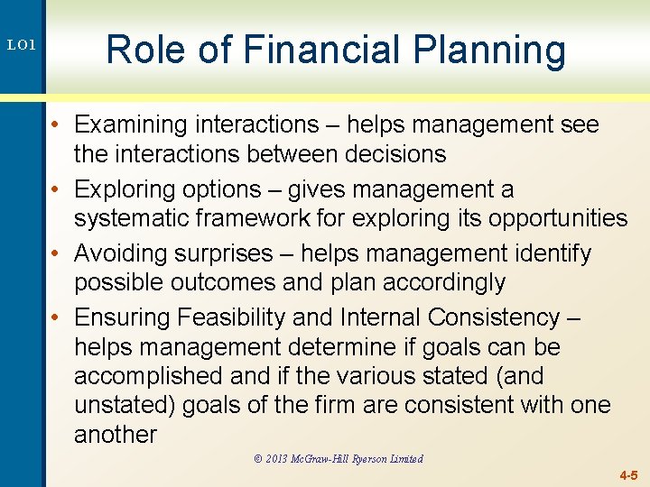 LO 1 Role of Financial Planning • Examining interactions – helps management see the