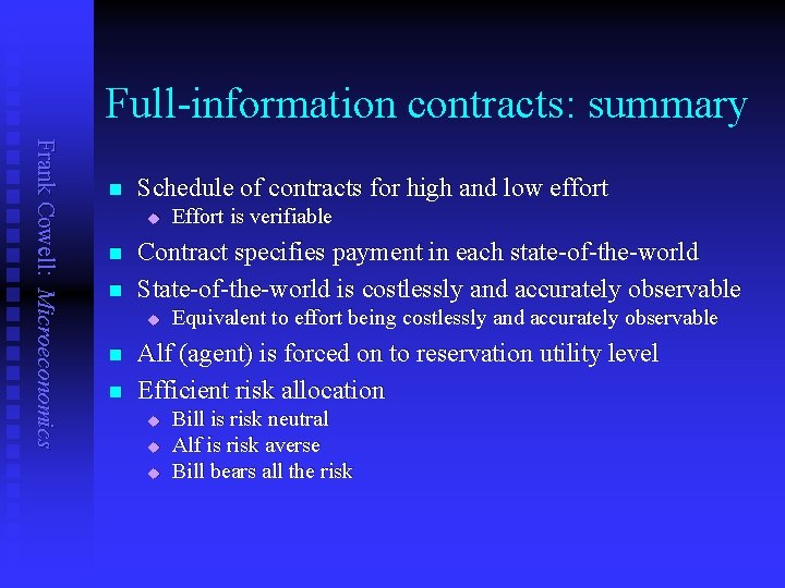 Full-information contracts: summary Frank Cowell: Microeconomics n Schedule of contracts for high and low