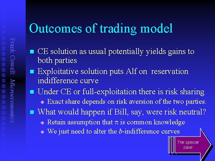 Outcomes of trading model Frank Cowell: Microeconomics n n n CE solution as usual