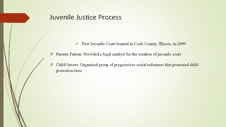 Juvenile Justice Process ü First Juvenile Court located in Cook County, Illinois, in 1899 Juvenile Justice Process ü First Juvenile Court located in Cook County, Illinois, in 1899